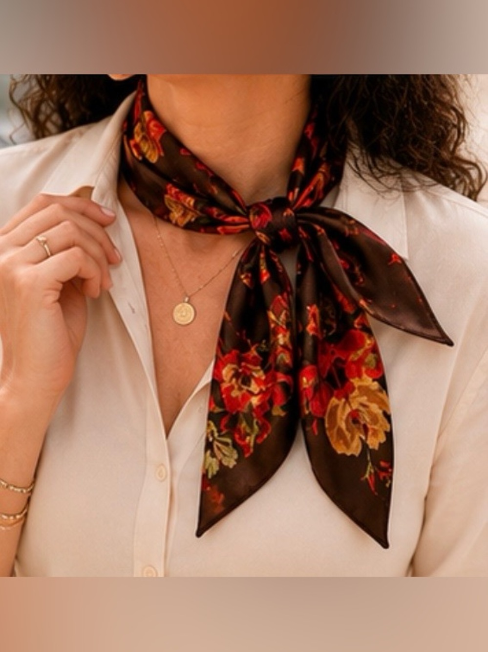 Floral Scarf with Red and Brown Accents - Picture 2 of 6